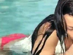Sexy black haired young gal all holes shagged by the pool