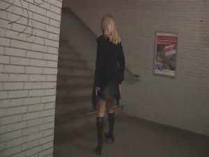 Blonde gets fucked in public nudity outside and with dildos