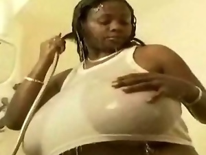 Big Titty Afro Ebony Bathing And Masturbating