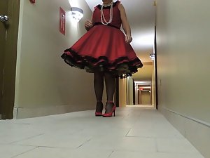 Sissy Ray In Red Dress and Ebony Crinoline Petticoat