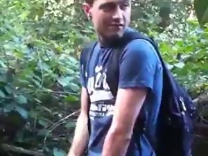 straight buddy pulls out his meat in the woods