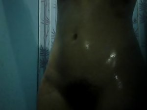 asian hairy&#039;s taking shower at night