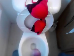 Jacking off with a piss Red Bra (sis)