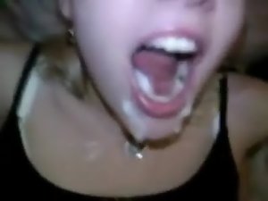 Filthy blond licking pecker and receiving cum in mouth