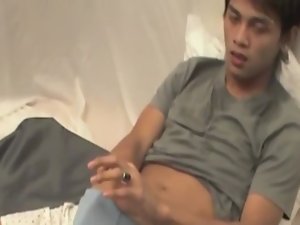 Sassy teen ethnic amateur tugs his thick prick and loves it