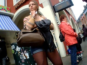 Filthy German Barely legal teen Shorts Stocking at Bus Stop Bum Legs