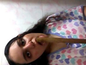 Arab hijab cunt licking a wooden mops stick