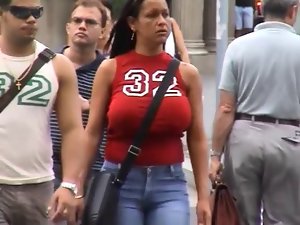 Candid Huge Buxom Red Top