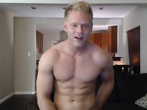 Hunky muscular blond lad edging and shooting a big load