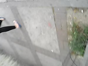Big naughty ass brazilian blond walking into street in legging and tongue