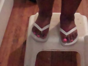 Big beautiful woman Slutty ebony Feet In White Flip Flops
